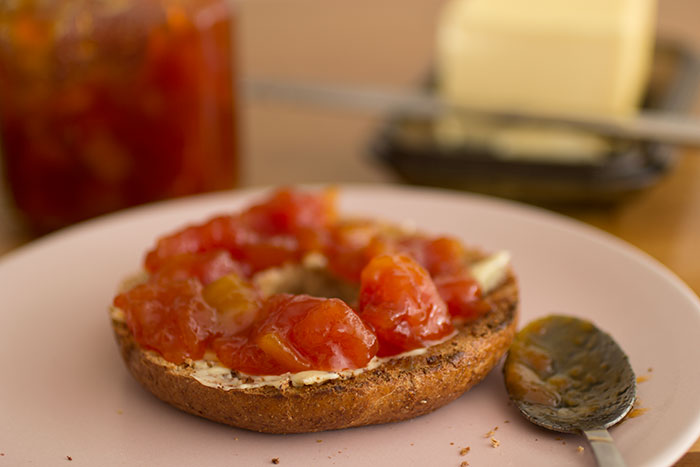 Papaya Jam on Buttered Bagel