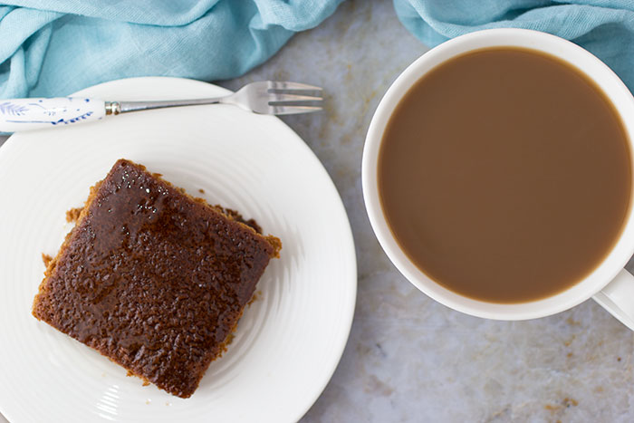 Stem Ginger Cake. Slice and cup of coffee