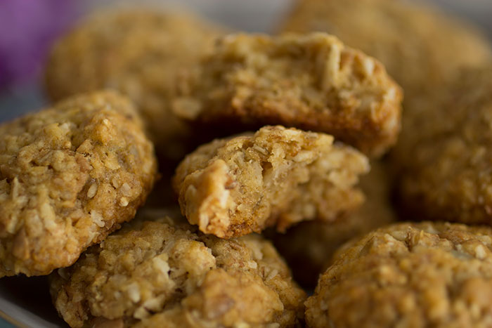 Anzac Biscuits cut in half